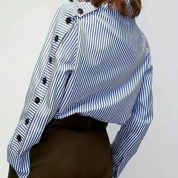 Striped Button Detail Sleeve Turtleneck Blouse - Picture 4 of 4